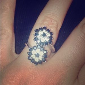 SALE 925 Double Flower Ring Genuine Onyx with CZ's